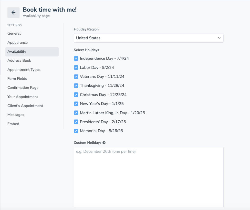 Apptoto's holiday availability settings for online booking pages